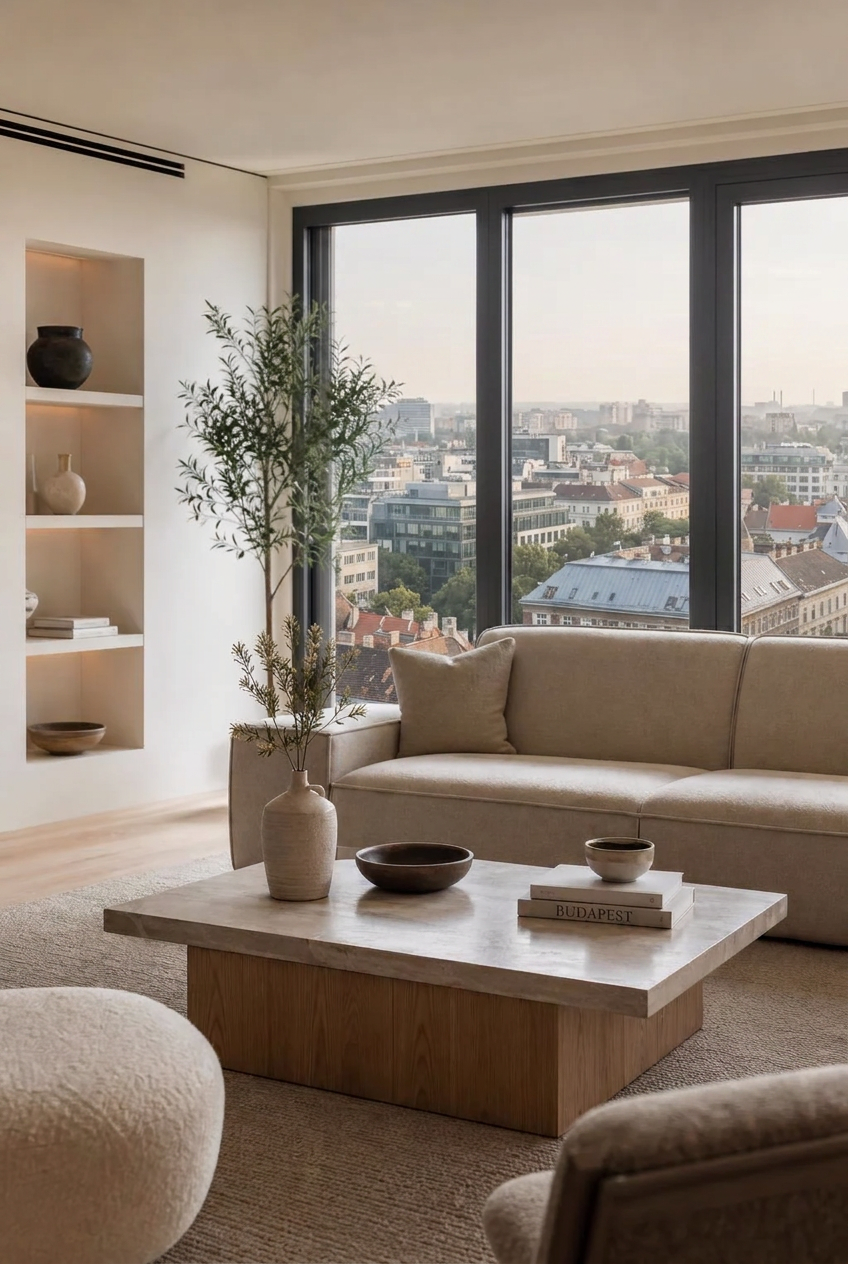 Luxury living room in a Duna Terasz Vista apartment overlooking the Danube